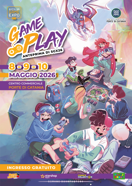 gameplay-manifesto-simone-buonfantino-sicilia-game-expo-2026.jpg Manifesto di GamePlay 2026 firmato da Simone Buonfantino per il Sicilia Game Expo di Catania
