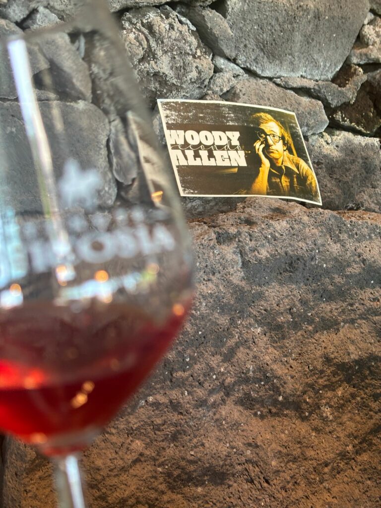 Woody Allen sullo sfondo di un calice di vino, omaggio alla degustazione cinema e vini d'essai