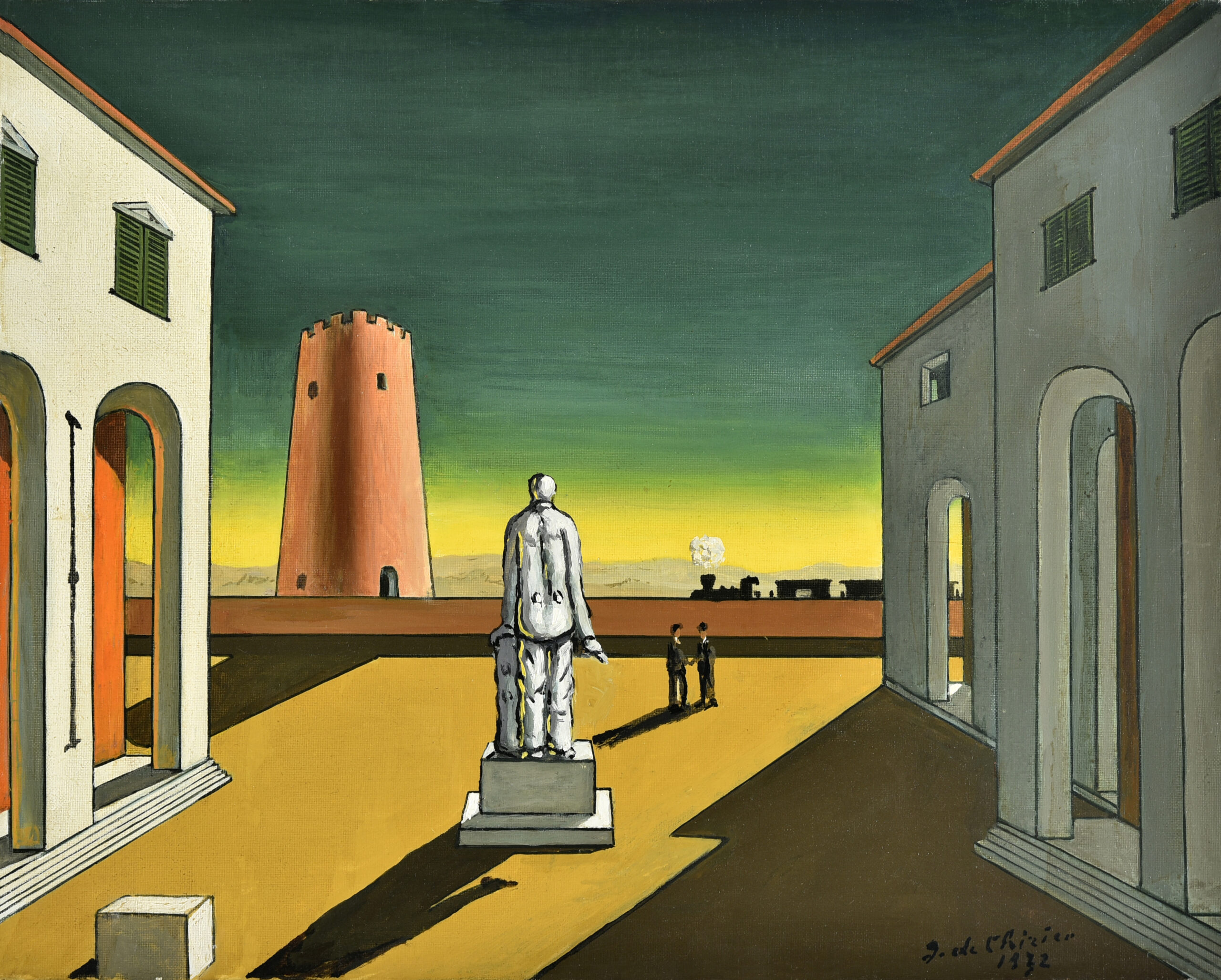 Giorgio de Chirico – Piazza d’Italia, Monumento al Poeta – olio su tela – 40×50 cm – iniziato nel 1953 e terminato nel 1972_ALTA RISOLUZIONE